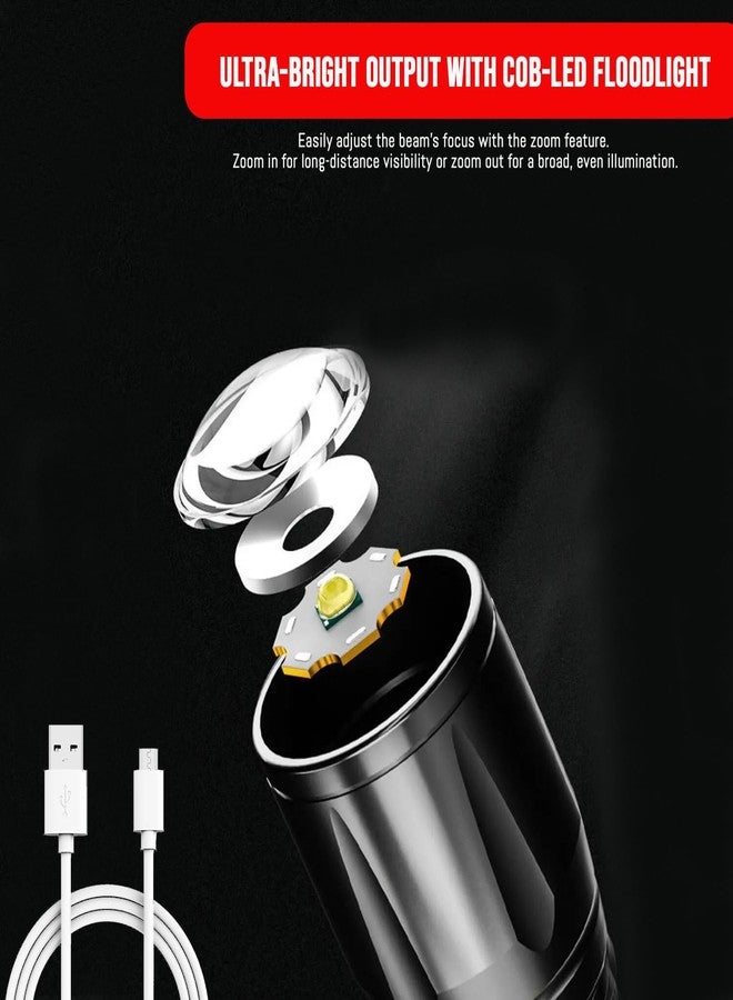 HACER USB Rechargeable Mini LED Camping Torch Light Zoomable COB LED Flashlight for Hiking Camping - Black Color - Image 3